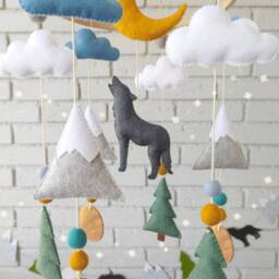 Wolf Mobile, Nursery Decor, Mountain Woodland Baby Rustic Forest Animals Felt Mobile For Crib - thumbnail 2