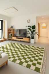 Green Checkered Rug Handmade Moroccan Shag