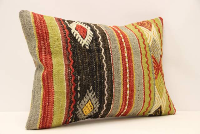Vintage Turkish Kilim Pillow Cover, Wool Art Deco Cushion - 14x20 Inch - image 1