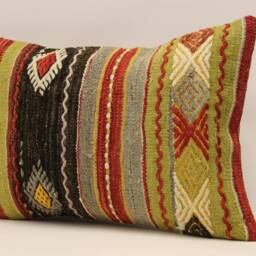 Vintage Turkish Kilim Pillow Cover, Wool Art Deco Cushion - 14x20 Inch - thumbnail 2