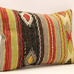 Vintage Turkish Kilim Pillow Cover, Wool Art Deco Cushion - 14x20 Inch - thumbnail 3