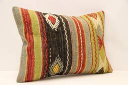 Vintage Turkish Kilim Pillow Cover, Wool Art Deco Cushion - 14x20 Inch - thumbnail 1