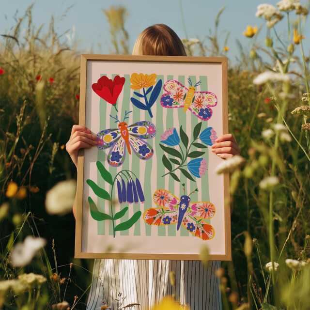 Wild Flower & Butterfly Print, Girls Bedroom Rainbow Wall Art, Colourful, Decor, Nursery Prints, Playroom - image 1