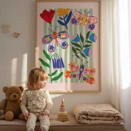 Wild Flower & Butterfly Print, Girls Bedroom Rainbow Wall Art, Colourful, Decor, Nursery Prints, Playroom - thumbnail 2