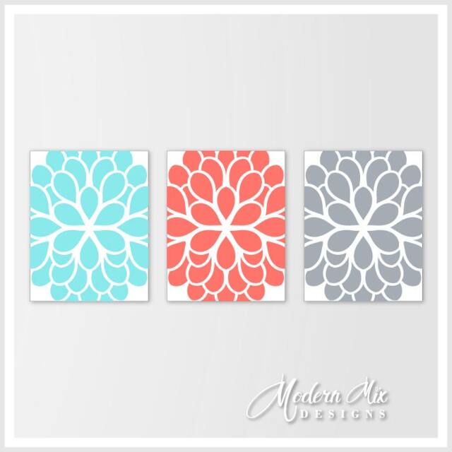 Flower Wall Decor Aqua Coral Gray Dahlia Canvas Print Trio Bedroom Art Bathroom Home M 002 05 - image 1