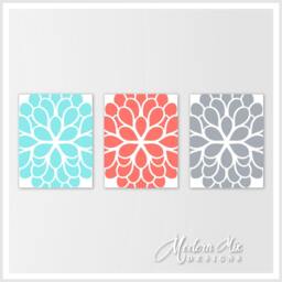 Flower Wall Decor Aqua Coral Gray Dahlia Canvas Print Trio Bedroom Art Bathroom Home M 002 05 - thumbnail 1