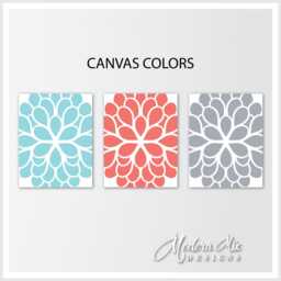 Flower Wall Decor Aqua Coral Gray Dahlia Canvas Print Trio Bedroom Art Bathroom Home M 002 05 - thumbnail 2
