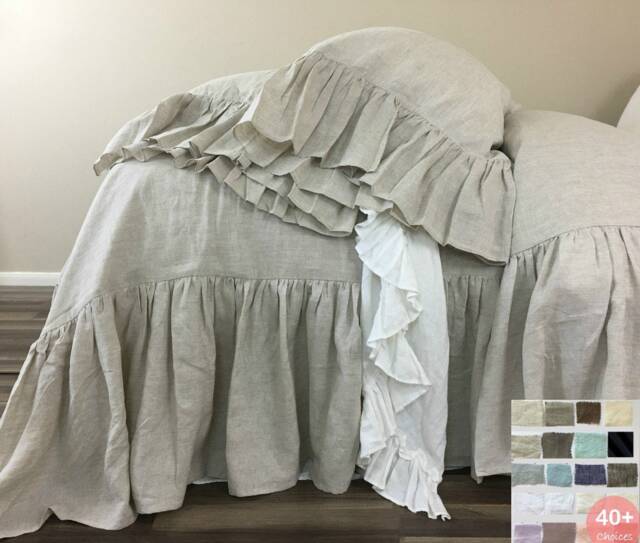 Linen Duvet Cover With Waterfall Ruffles??? Extra Long Ruffles Shabby Chic, All Sizes, in White, Blue, Grey, Striped Linen, 40+ Fabric Choices - image 1