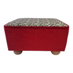 William Morris Red Berries Fabric Footstool Velvet Base, Natural Wood Feet - thumbnail 3