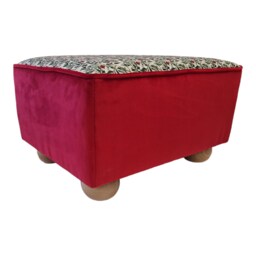 William Morris Red Berries Fabric Footstool Velvet Base, Natural Wood Feet