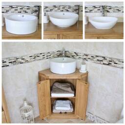 Bathroom Oak Vanity Unit - Corner Sink Cabinet Ceramic Wash Basin Tap & Plug