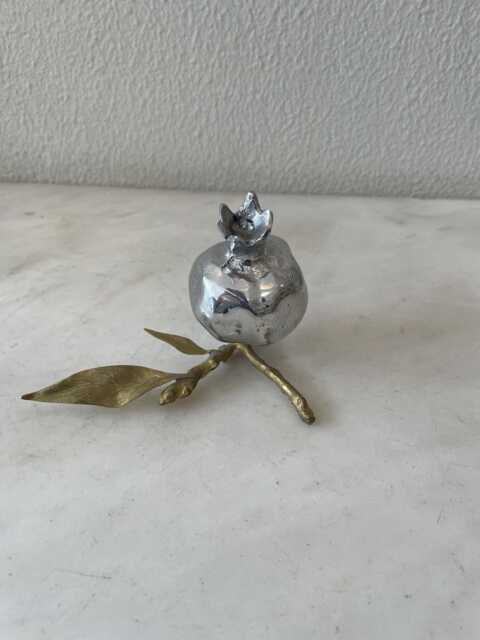 Vintage Metal Pomegranate Figurine, Silver Fruit Decor, Brass Leaves Accent - image 1