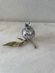 Vintage Metal Pomegranate Figurine, Silver Fruit Decor, Brass Leaves Accent