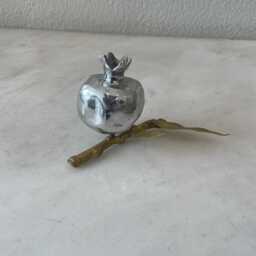 Vintage Metal Pomegranate Figurine, Silver Fruit Decor, Brass Leaves Accent - thumbnail 2