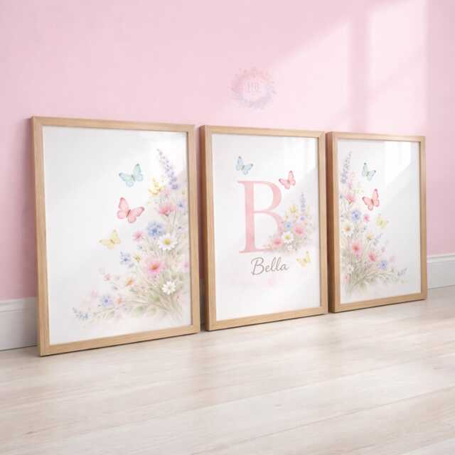 Girls Butterfly Wildflower Nursery Prints - Personalised Botanical Set, Floral Girl Bedroom Wall Art - image 1