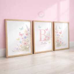 Girls Butterfly Wildflower Nursery Prints - Personalised Botanical Set, Floral Girl Bedroom Wall Art - thumbnail 1