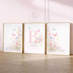 Girls Butterfly Wildflower Nursery Prints - Personalised Botanical Set, Floral Girl Bedroom Wall Art - thumbnail 2
