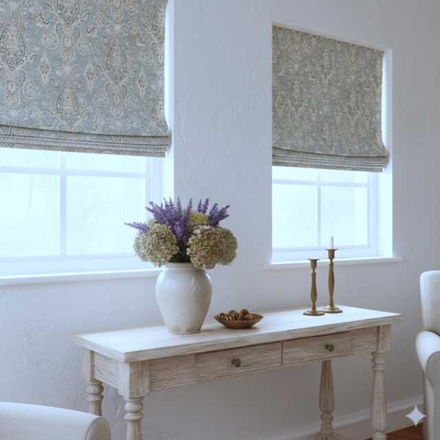 Vintage Damask Grey Linen Custom Flat Roman Shade, Cl1188 - image 1