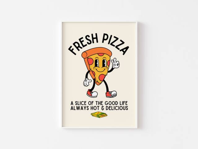 Fresh Pizza Retro Character Print - Fun Kitchen Print, Fast Food, Mascot Cartoon, Funny 60S 70S Art, Slice Humour Art - image 1