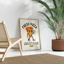 Fresh Pizza Retro Character Print - Fun Kitchen Print, Fast Food, Mascot Cartoon, Funny 60S 70S Art, Slice Humour Art - thumbnail 2