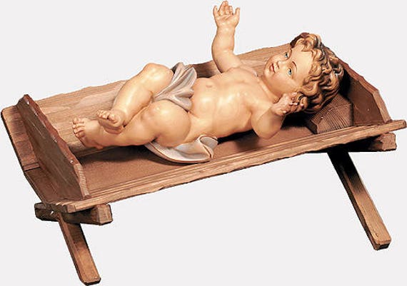 Baby Jesus With Cradle, Polychrome, Small, Large, Rare Statue, Nativity Christmas Krippe Groden, Holz Krippe - image 1
