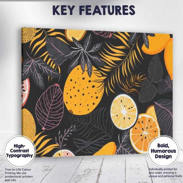 Dark Tropical Citrus Fruit Botanical Leaf Pattern Canvas Wall Art Print Decor Picture Ready To Hang - image 1