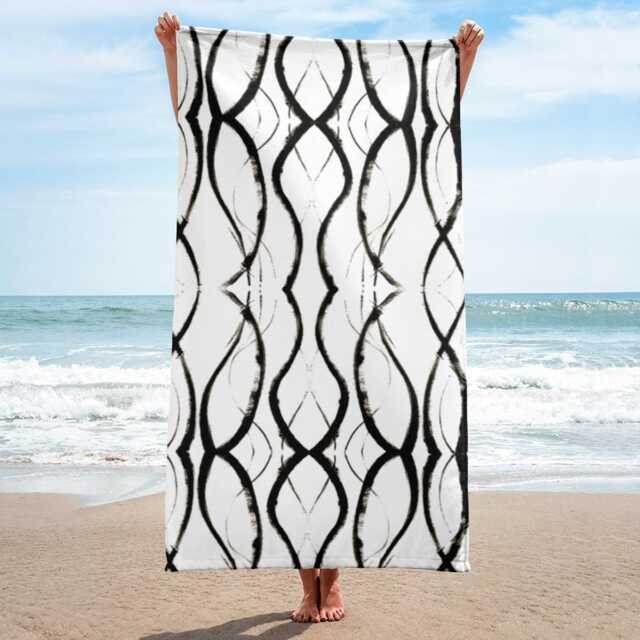 Black & White Patterned Beach Towel Abstract Shapes, Soft Terry Fabric - image 1