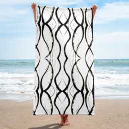 Black & White Patterned Beach Towel Abstract Shapes, Soft Terry Fabric