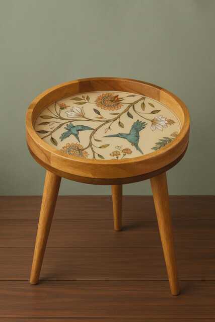 Handmade Wooden Round Hummingbird Side Table, Mango Wood Artisan Antique Sofa Table For Living Room - image 1