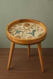 Handmade Wooden Round Hummingbird Side Table, Mango Wood Artisan Antique Sofa Table For Living Room