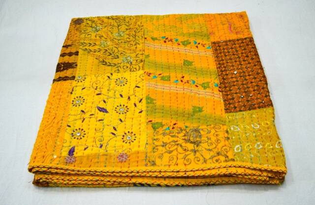 Cotton Patchwork Kantha Quilt Colorful Indian Hand Block Print Sari Blanket Queen Size Bedspread Throw - image 1