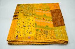 Cotton Patchwork Kantha Quilt Colorful Indian Hand Block Print Sari Blanket Queen Size Bedspread Throw - thumbnail 1