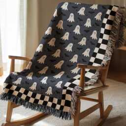 Halloween Cotton Woven Blanket, Happy Ghosts Bats Stars, Black White Navy Blue, Modern Boho Decor, Cozy Throw, Checkered Border - thumbnail 2