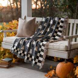 Halloween Cotton Woven Blanket, Happy Ghosts Bats Stars, Black White Navy Blue, Modern Boho Decor, Cozy Throw, Checkered Border - thumbnail 1