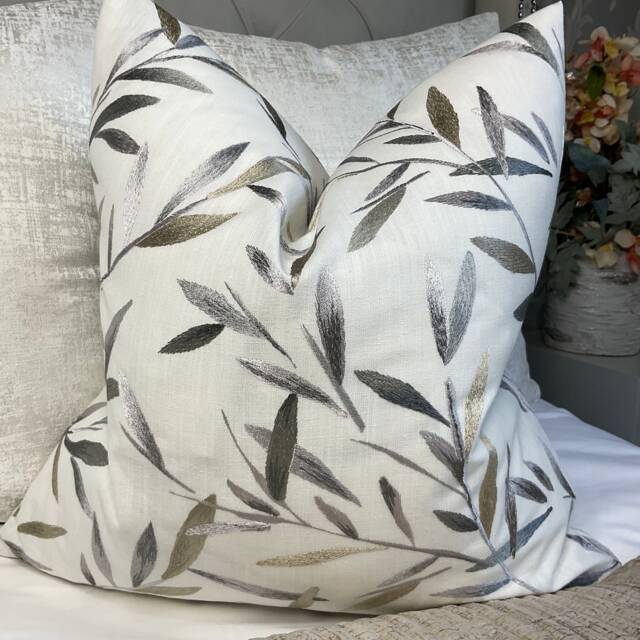 Leaf Trail Cushion Cover, Pillow Cover Throw John Lewis Langley Furnishing Fabric, Gold-Grey- White - Embroidered Leaves/Double Sided - image 1