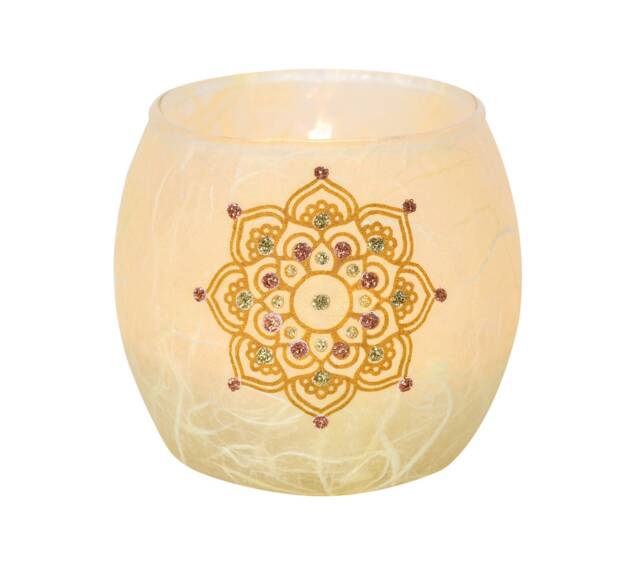 Gold Glittery Candle Holder - Handmade, Delicate Mandalal Motif With Gold Sparkle On Natural Cream Strawsilk Includes Led Battery Tealight - image 1