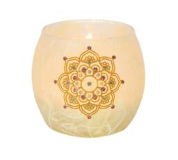 Gold Glittery Candle Holder - Handmade, Delicate Mandalal Motif With Gold Sparkle On Natural Cream Strawsilk Includes Led Battery Tealight - thumbnail 1