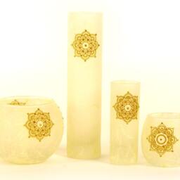 Gold Glittery Candle Holder - Handmade, Delicate Mandalal Motif With Gold Sparkle On Natural Cream Strawsilk Includes Led Battery Tealight - thumbnail 3