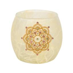 Gold Glittery Candle Holder - Handmade, Delicate Mandalal Motif With Gold Sparkle On Natural Cream Strawsilk Includes Led Battery Tealight - thumbnail 2