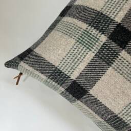 "Black & Green Plaid Wool Pillow Cover Exposed Zipper-Leather Pull 20"" 22""24" - thumbnail 1