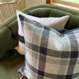 "Black & Green Plaid Wool Pillow Cover Exposed Zipper-Leather Pull 20"" 22""24" - thumbnail 3