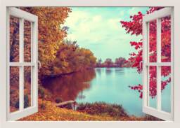 Autumn Landscape Wall Decal, Lake 3D Window Nature View Sticker, Frame, Home Decor Mural