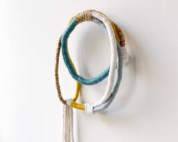 Small Wrapped Knot Modern Wall Hanging, Organic Fiber Rope Art, Knotted For Sustainable Decor in Blue & Yellow