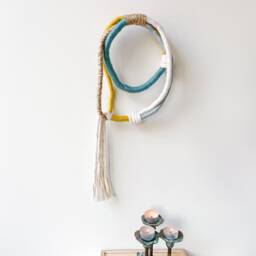 Small Wrapped Knot Modern Wall Hanging, Organic Fiber Rope Art, Knotted For Sustainable Decor in Blue & Yellow - thumbnail 3