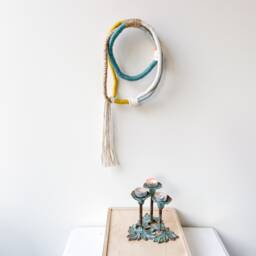 Small Wrapped Knot Modern Wall Hanging, Organic Fiber Rope Art, Knotted For Sustainable Decor in Blue & Yellow - thumbnail 2