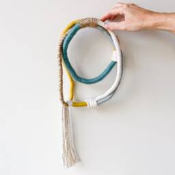 Small Wrapped Knot Modern Wall Hanging, Organic Fiber Rope Art, Knotted For Sustainable Decor in Blue & Yellow - thumbnail 4
