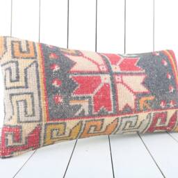 Handmade Turkish Kilim Pillow Cover Boho Tribal Lumbar Cushion - 12''x24'' - thumbnail 2