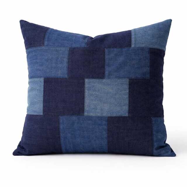 Denim Pillow, Patchwork Pillow Cover, Blue Throw , Lumbar Pillow, Patch Work Sham, Vintage Pillow, Denim 20x20 - image 1