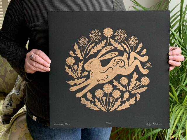 Dandelion Hare Original Linocut Print - Gold On Black Limited Edition Large 39cm Square - image 1