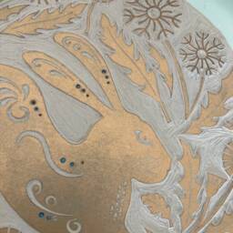 Dandelion Hare Original Linocut Print - Gold On Black Limited Edition Large 39cm Square - thumbnail 2
